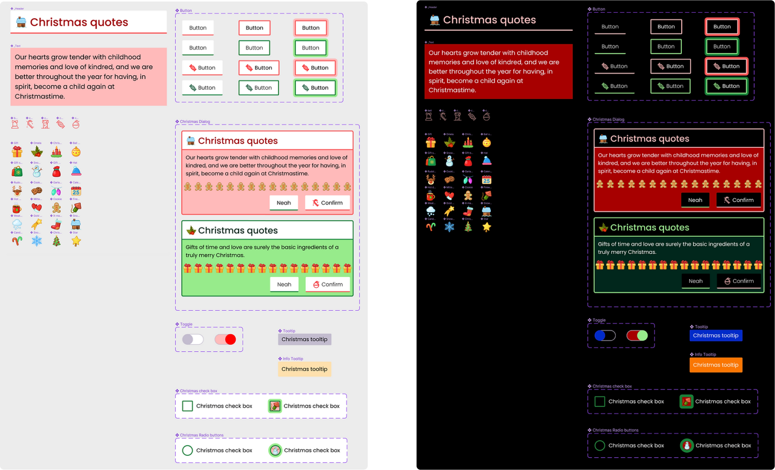 Christmas components in light and dark mode.