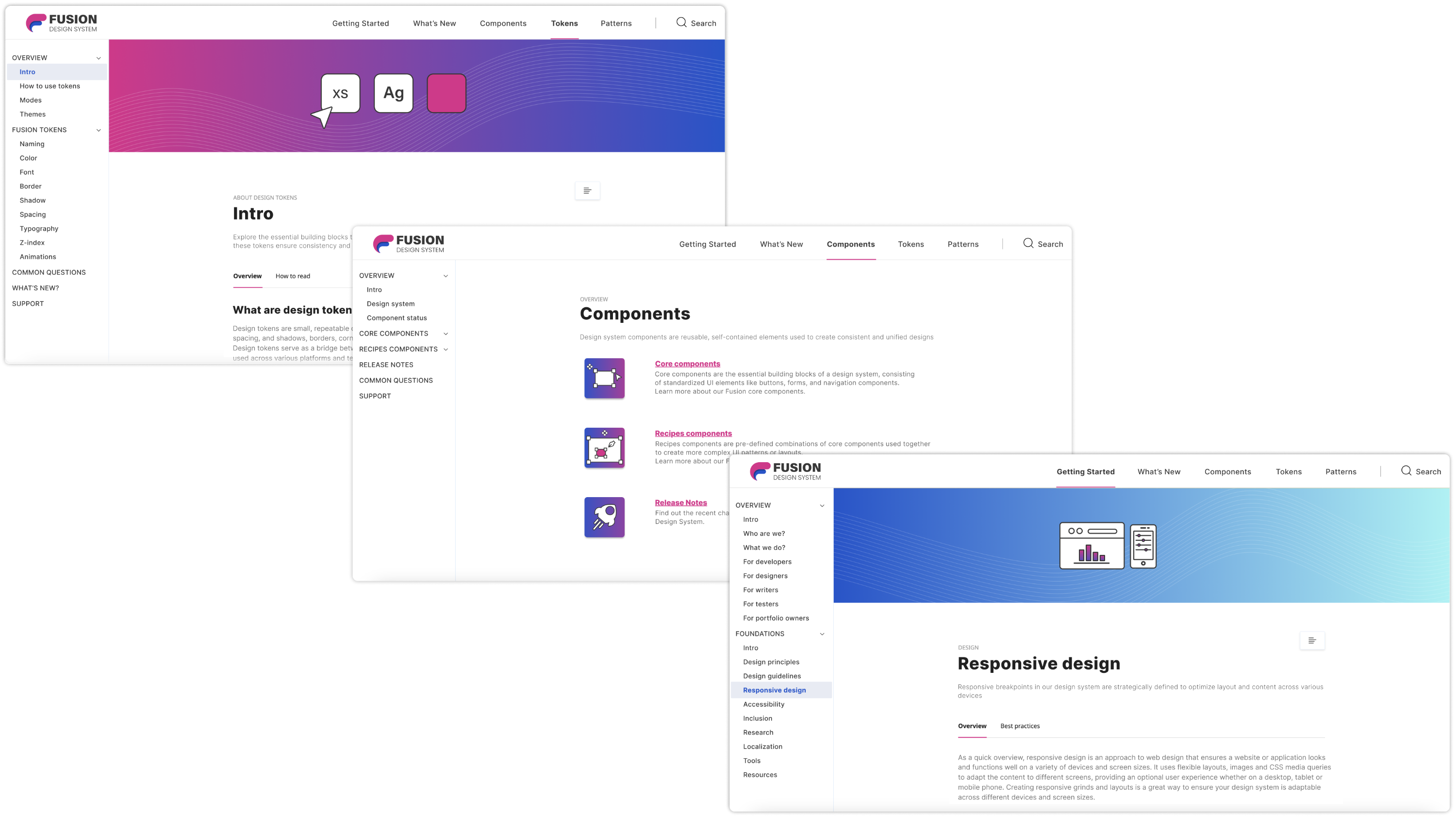 Three pages from the documentation I worked on: responsive design, tokens and components.